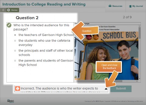 An image shows a screen shot of the fifth subsection of the unit, the Review. An arrow points to the Question column on the left of the screen. A second arrow points to a toggle button that opens and closes the answer feedback.